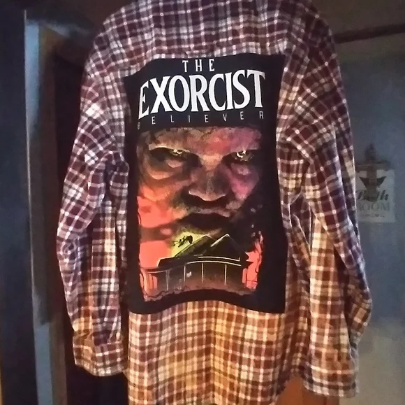 upcycled bleached flannel shirt w/ custom EXORCIST MOVIE back patch - Picture 1 of 4